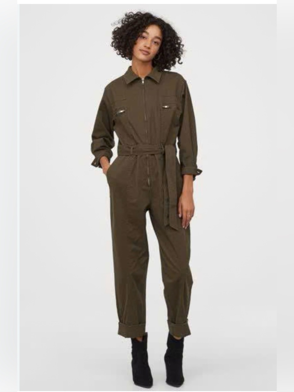 H&M Olive Green Utility Tie-Waist Jumpsuit